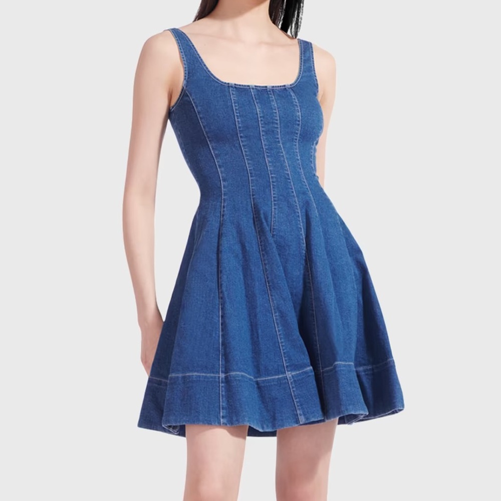 NWT Staud Mini Wells Dress Denim Medium Wash Blue Fit and Flare Sleeveless 10